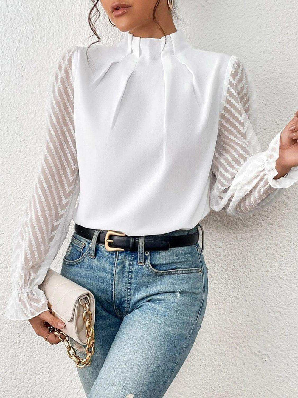 Mock Neck Flounce Sleeve Blouse - Trendsi - Flyclothing LLC