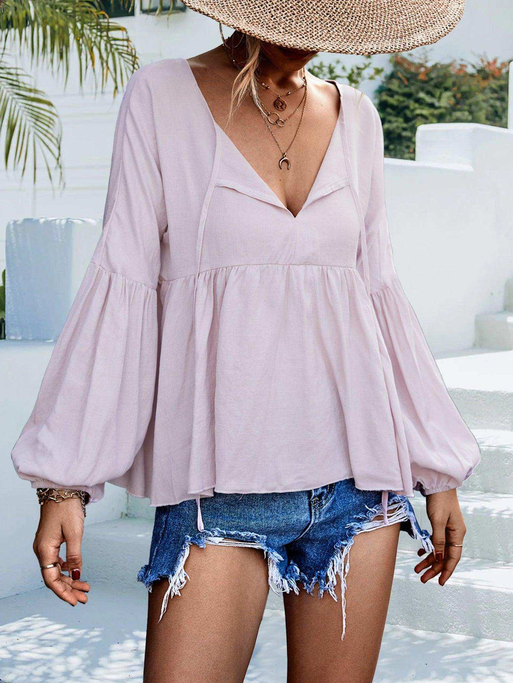 Puff Sleeve Babydoll Blouse - Trendsi - Flyclothing LLC