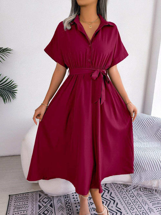 Short Sleeve Collared Tie Belt Dress - Trendsi - Flyclothing LLC