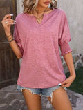 Heathered Notched Lantern Sleeve Blouse - Trendsi - Flyclothing LLC