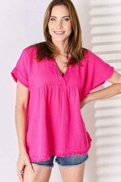 Zenana Full Size Raw Hem Short Sleeve Top - Trendsi - Flyclothing LLC