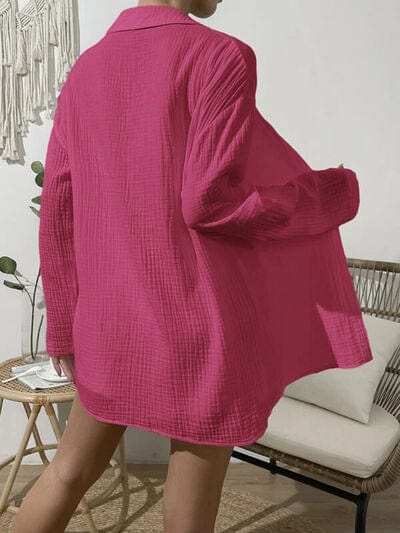 Dropped Shoulder Button Up Top and Elastic Waist Shorts Set - Trendsi - Flyclothing LLC