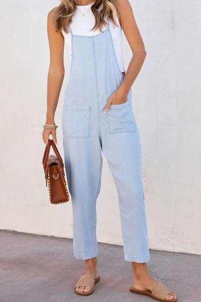 Spaghetti Strap Denim Overalls with Pockets - Trendsi - Flyclothing LLC