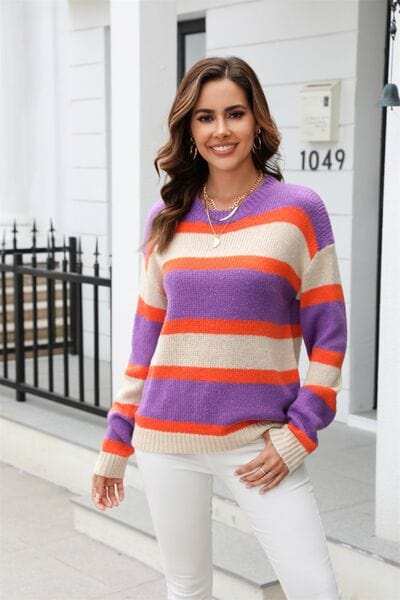 Color Block Round Neck Dropped Shoulder Sweater - Trendsi - Flyclothing LLC