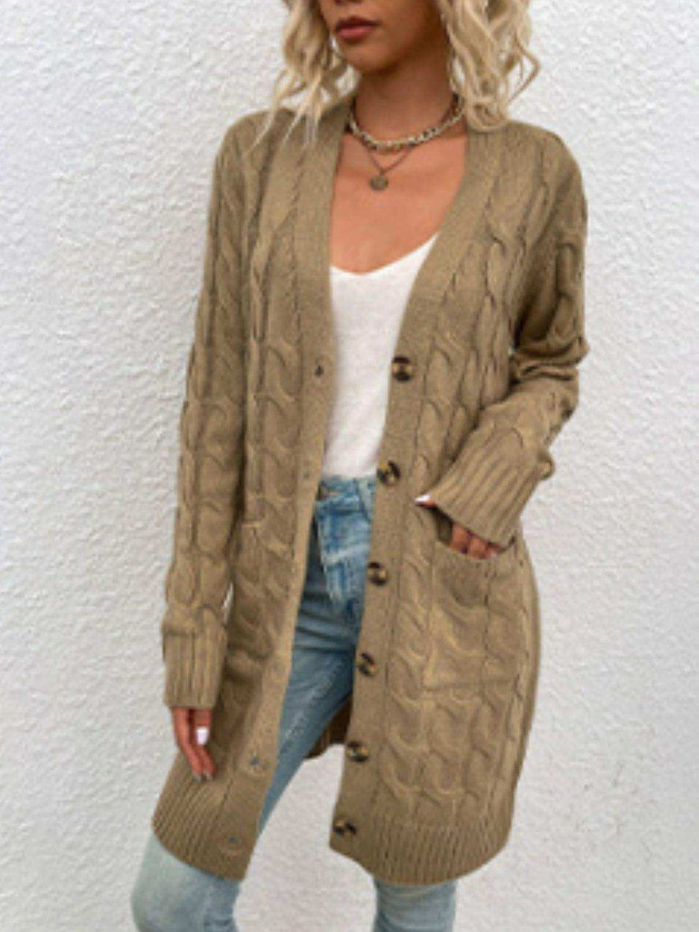 Cable-Knit Button Down Cardigan with Pockets - Trendsi - Flyclothing LLC