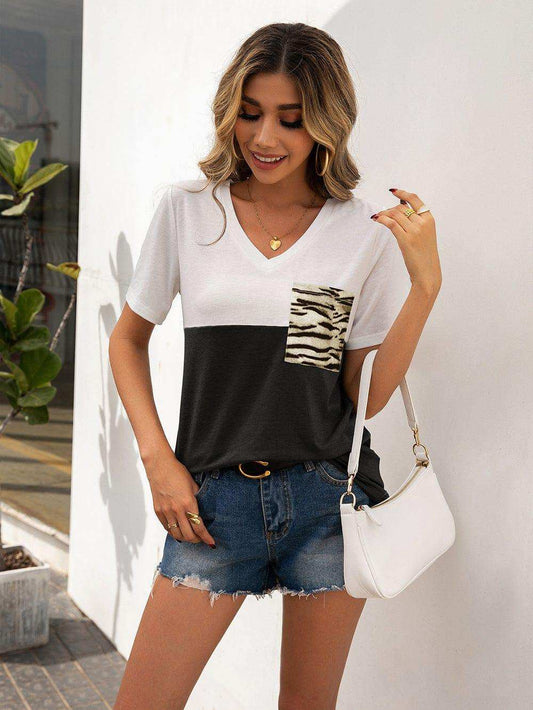 Color Block V-Neck Short Sleeve Tee - Trendsi - Flyclothing LLC
