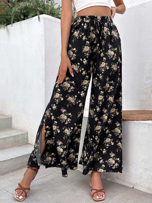 Floral Side Slit Wide Leg Pants - Trendsi - Flyclothing LLC