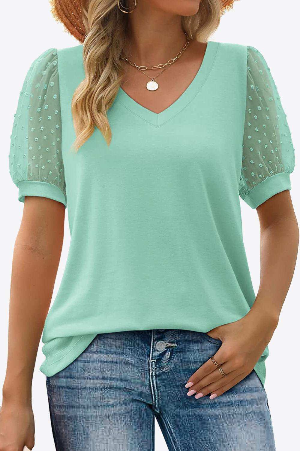 Swiss Dot Puff Sleeve V-Neck Tee - Trendsi - Flyclothing LLC
