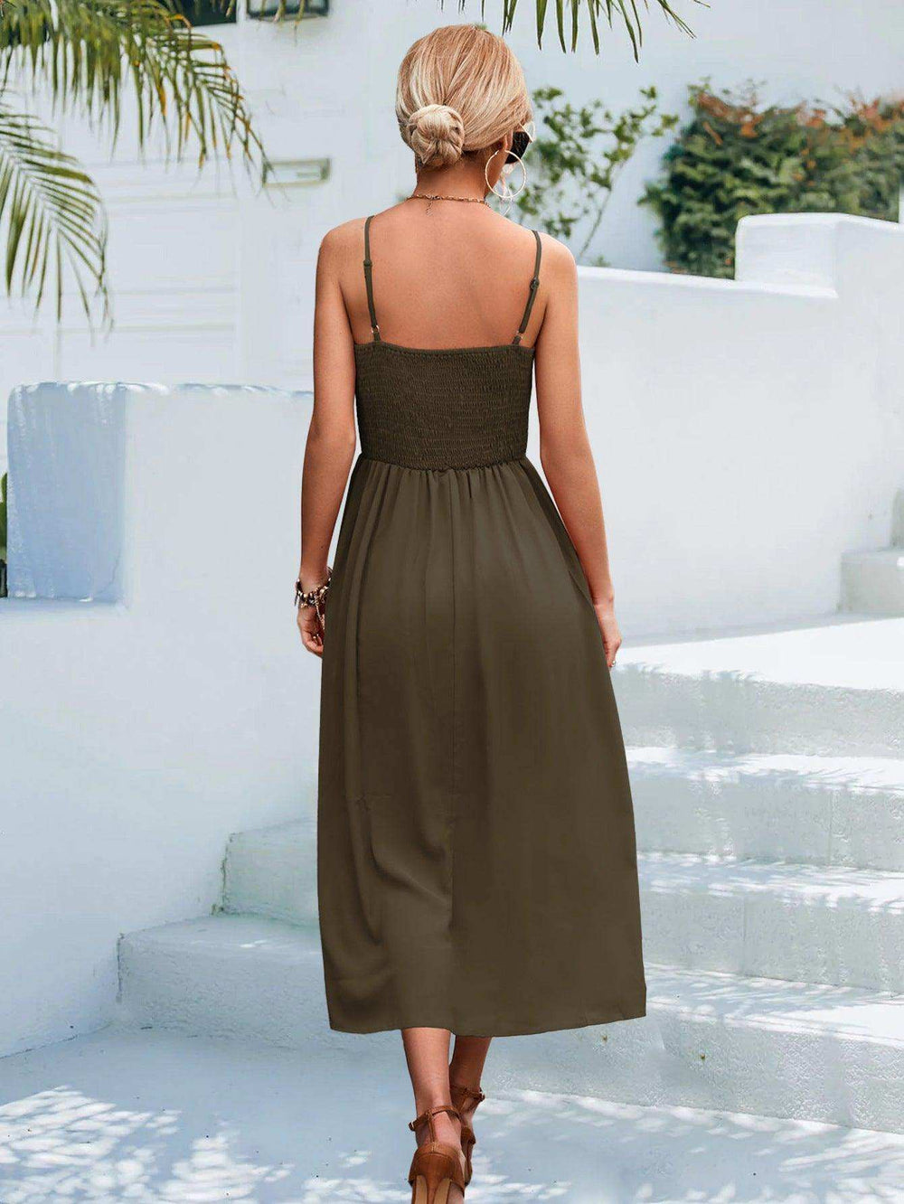 Decorative Button Spaghetti Strap Midi Dress - Trendsi - Flyclothing LLC