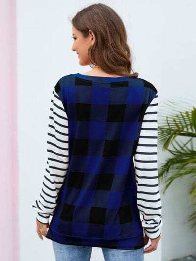 Plaid Striped Round Neck Long Sleeve T-Shirt - Trendsi - Flyclothing LLC