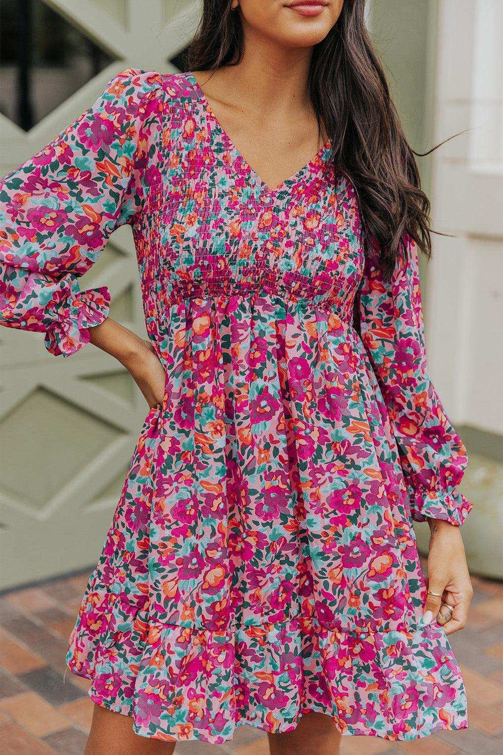 Floral Smocked V-Neck Flounce Sleeve Dress - Trendsi - Flyclothing LLC