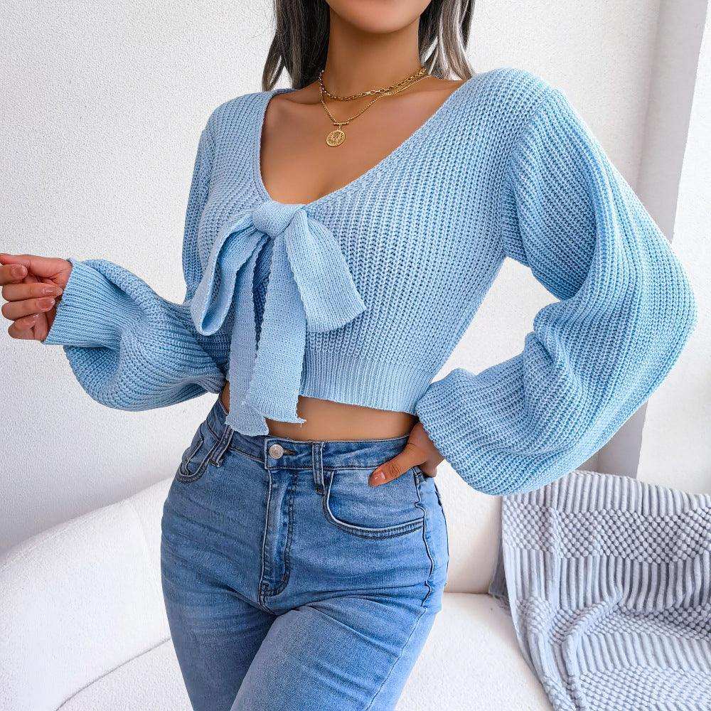 Tie-Front Rib-Knit Cropped Sweater - Trendsi - Flyclothing LLC