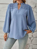 Ruched Swiss Dot Notched Balloon Sleeve T-Shirt - Trendsi - Flyclothing LLC