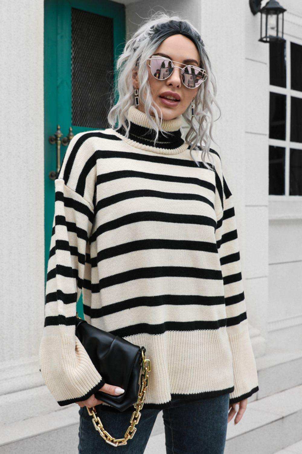 Striped Turtleneck Drop Shoulder Sweater - Trendsi - Flyclothing LLC