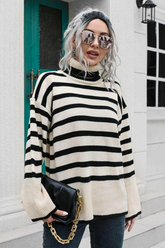 Striped Turtleneck Drop Shoulder Sweater - Trendsi - Flyclothing LLC