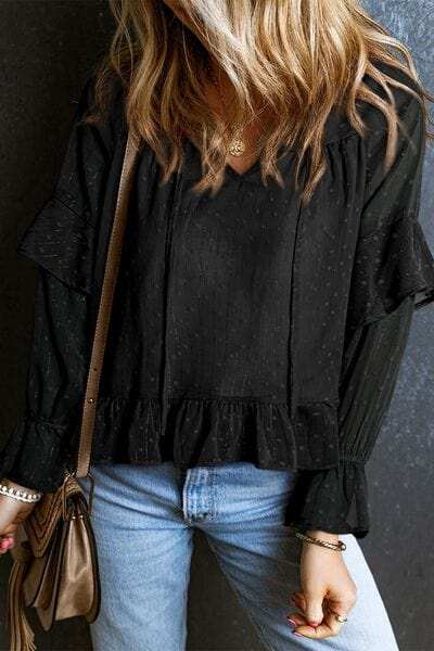 Swiss Dot Tie Neck Flounce Sleeve Blouse - Trendsi - Flyclothing LLC