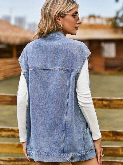 Button Up Collared Neck Sleeveless Denim Jacket - Trendsi - Flyclothing LLC