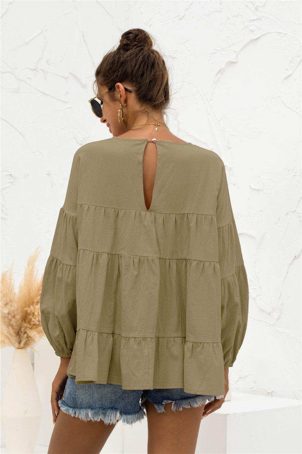 Round Neck Bubble Sleeve Tiered Blouse - Trendsi - Flyclothing LLC