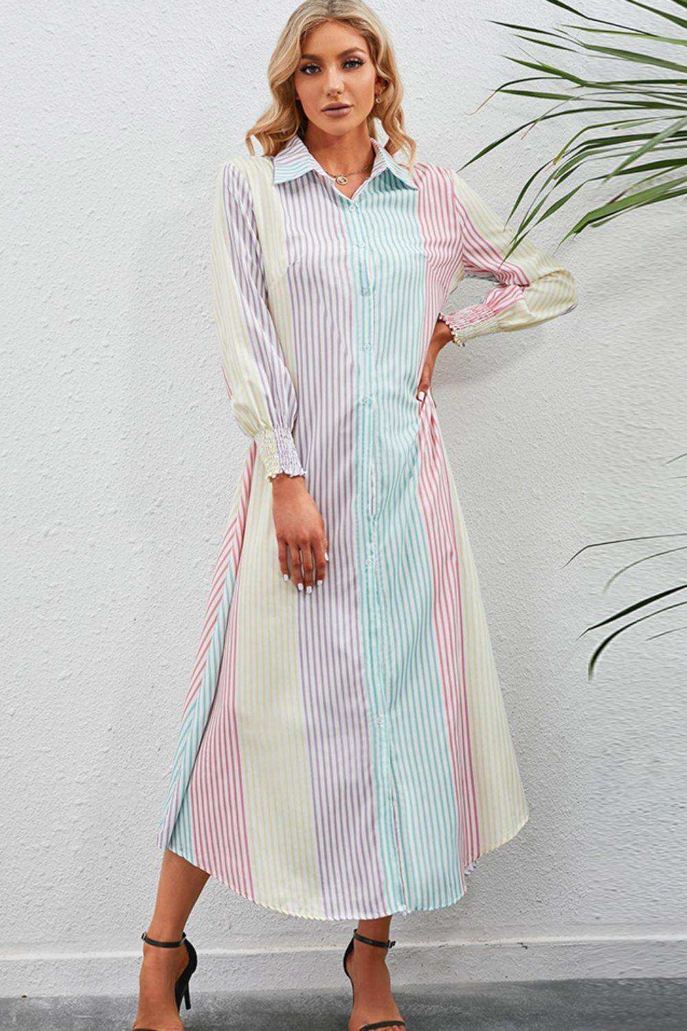Rainbow Stripe Button-Up Maxi Shirt Dress - Trendsi - Flyclothing LLC