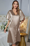 Satin Flutter Sleeve Side Slit V-Neck Night Dress - Trendsi - Flyclothing LLC