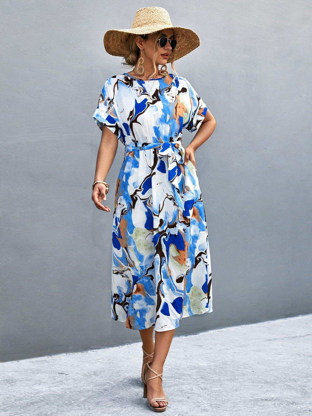 Round Neck Short Sleeve Tie Waist Midi Dress - Trendsi - Flyclothing LLC