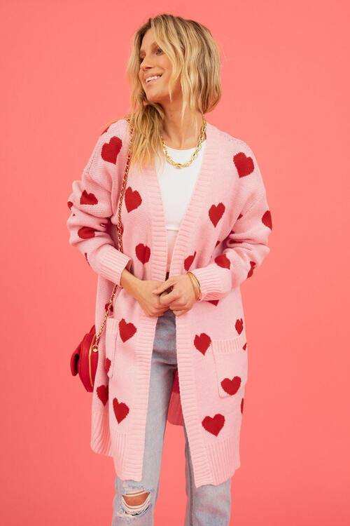 Heart Graphic Open Front Cardigan with Pockets - Trendsi - Flyclothing LLC