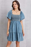 Smocked Square Neck Mini Denim Dress - Trendsi - Flyclothing LLC