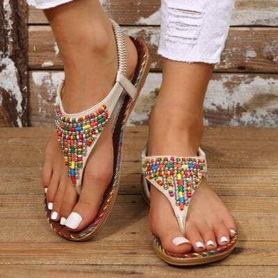 Beaded PU Leather Open Toe Sandals - Trendsi - Flyclothing LLC