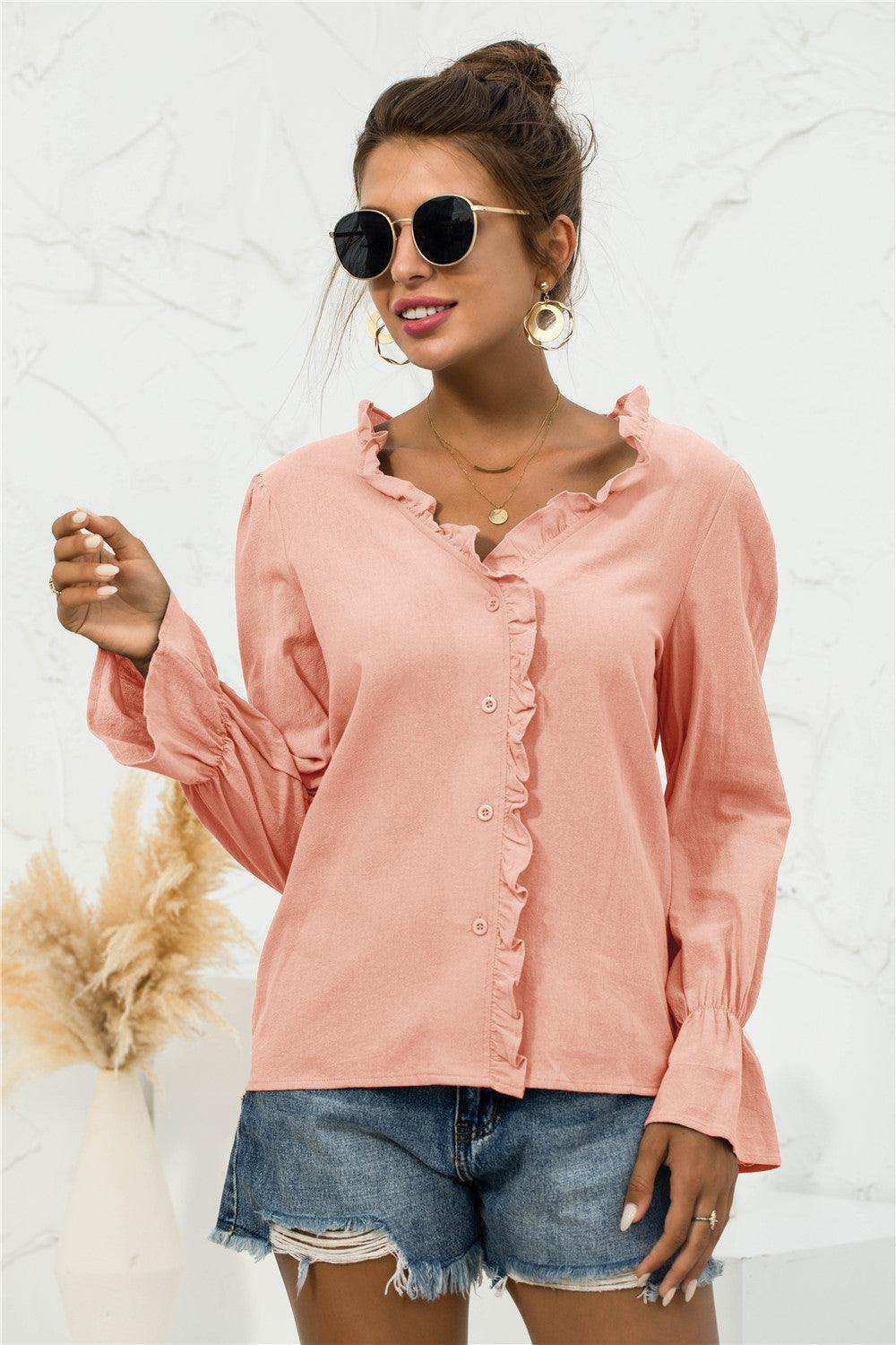 Frill Trim V-Neck Flounce Sleeve Shirt - Trendsi - Flyclothing LLC