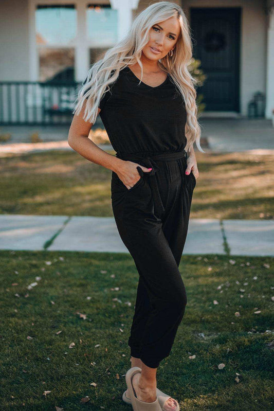 Belted V-Neck Jogger Jumpsuit - Trendsi - Flyclothing LLC