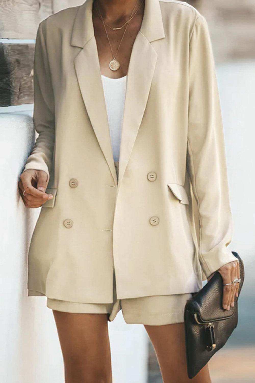 Longline Blazer and Shorts Set with Pockets - Trendsi - Flyclothing LLC