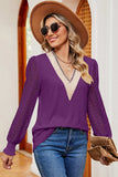 Openwork V-Neck Long Sleeve T-Shirt - Trendsi - Flyclothing LLC
