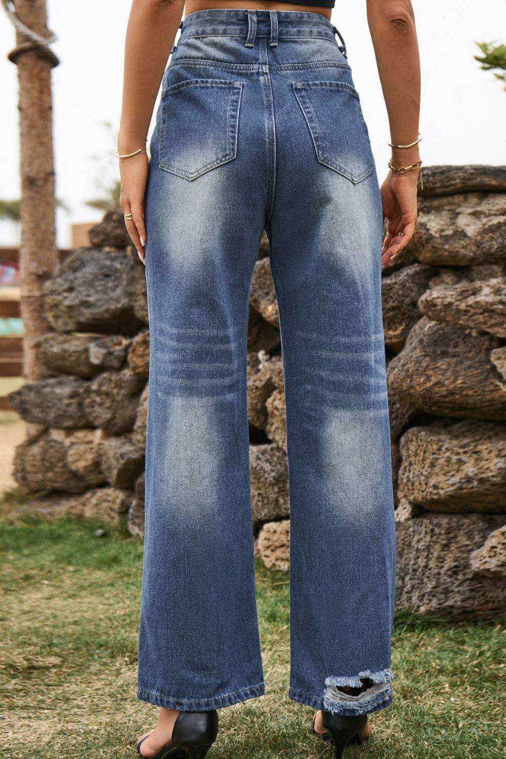 Distressed Buttoned Loose Fit Jeans - Trendsi - Flyclothing LLC