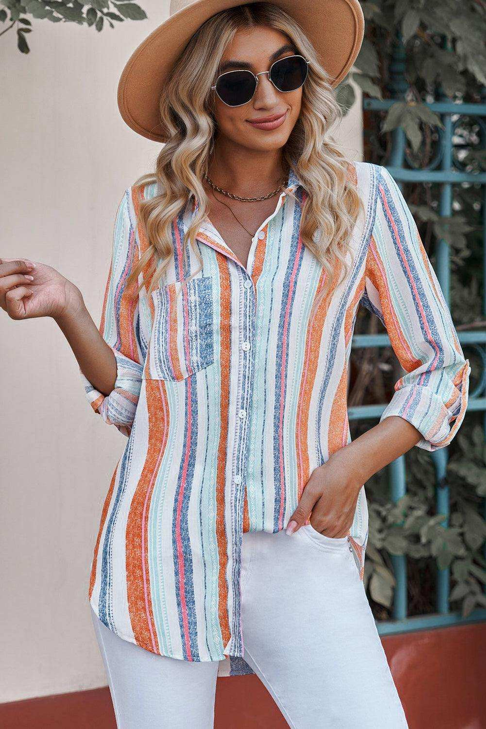 Striped Button-Up Curved Hem Shirt with Breast Pocket - Trendsi - Flyclothing LLC