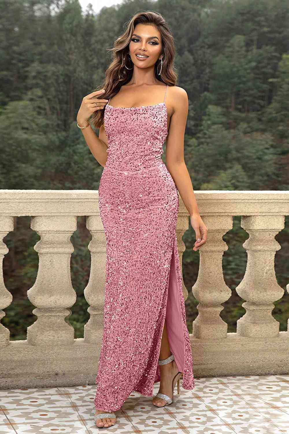 Sequin Backless Split Maxi Dress - Trendsi - Flyclothing LLC