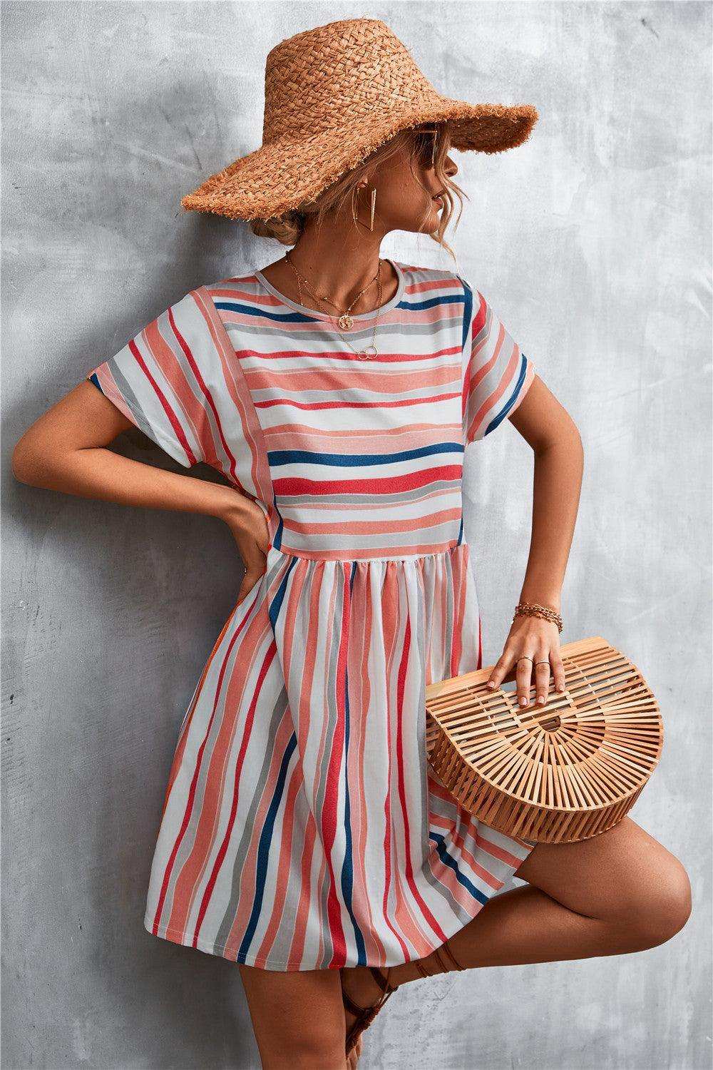 Striped Round Neck Dress - Trendsi - Flyclothing LLC