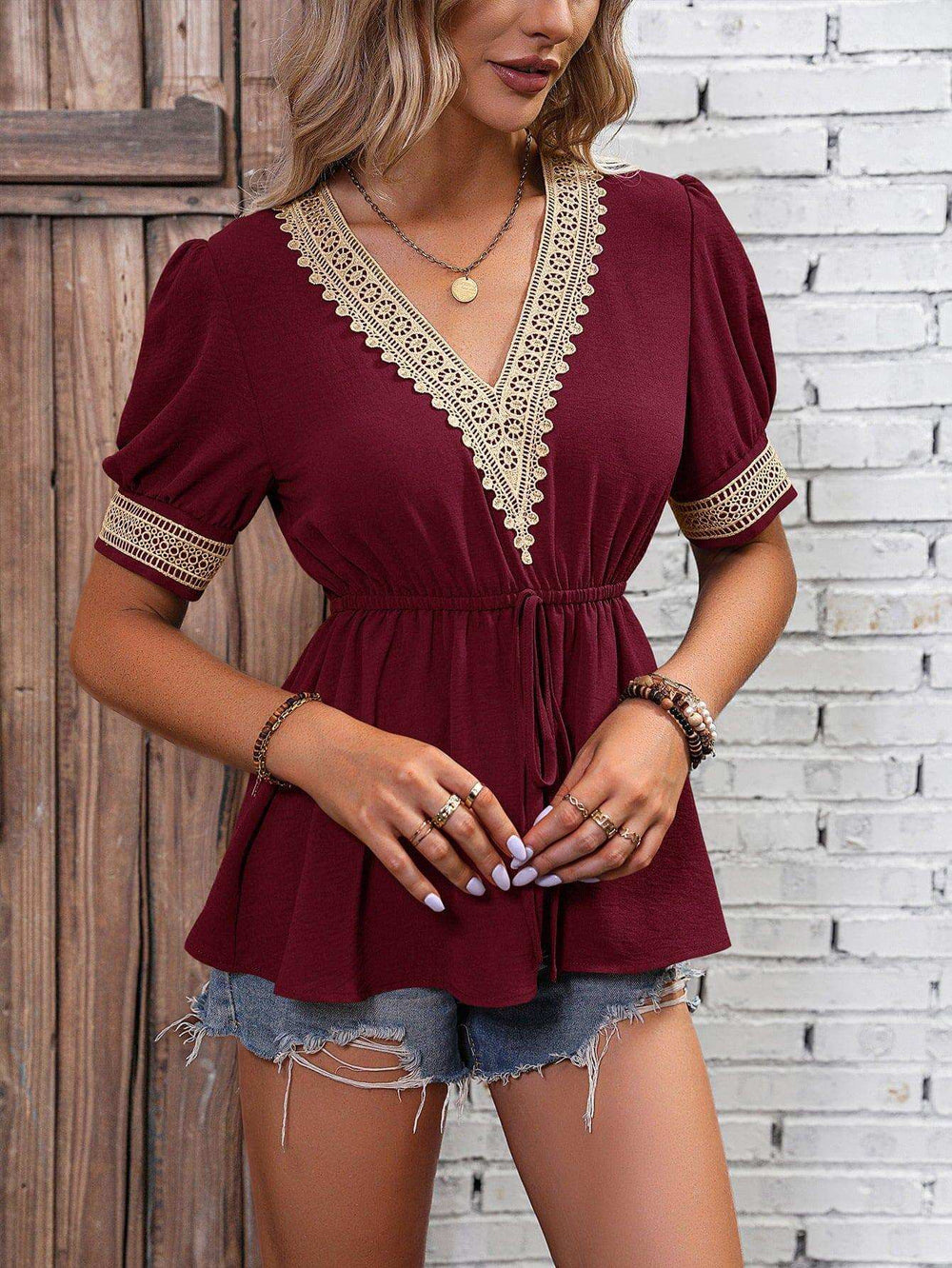 Contrast V-Neck Babydoll Top - Trendsi - Flyclothing LLC