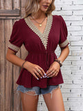 Contrast V-Neck Babydoll Top - Trendsi - Flyclothing LLC