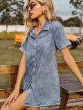 Button Up Short Sleeve Mini Denim Dress - Trendsi - Flyclothing LLC