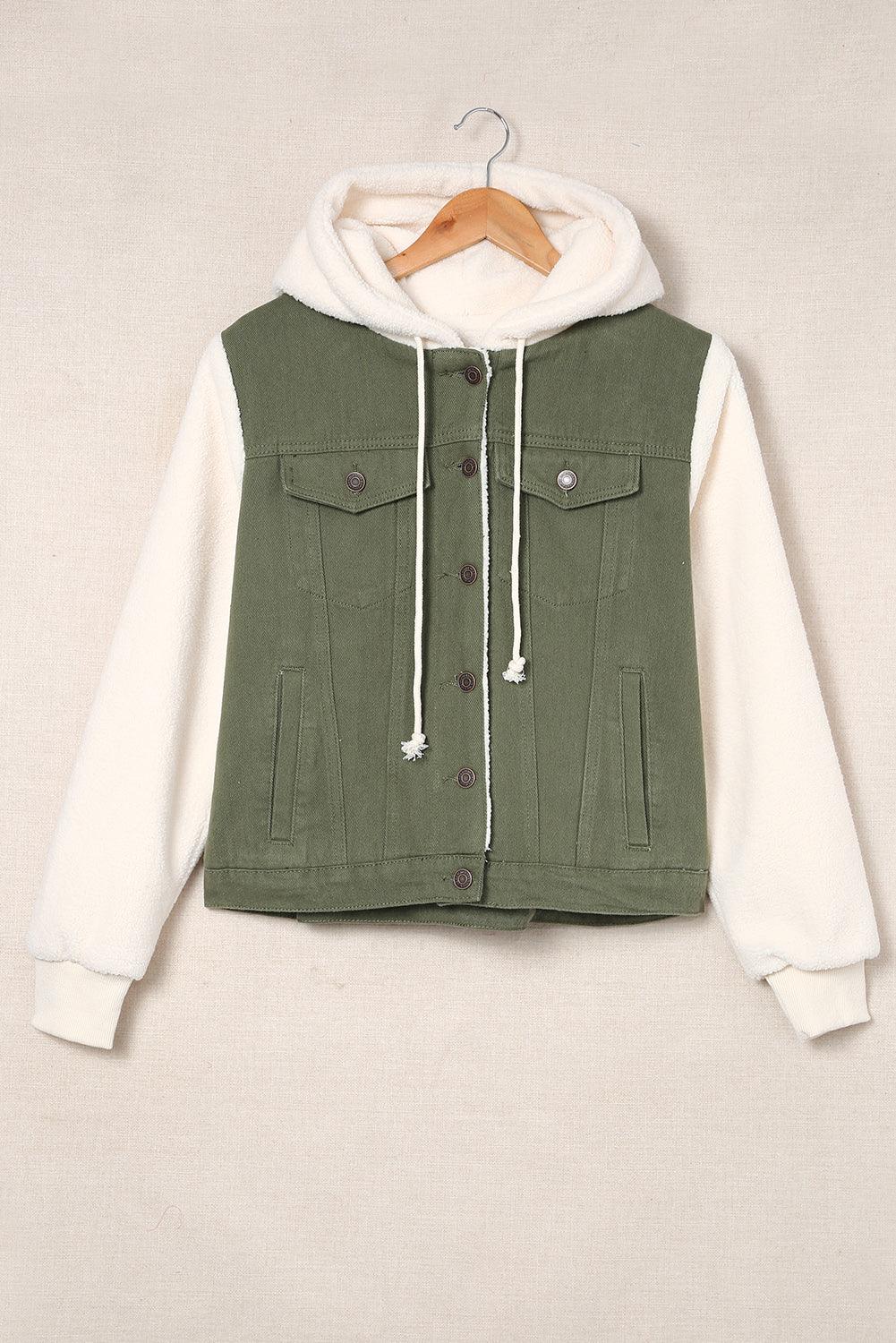 Two-Tone Spliced Denim Sherpa Hooded Jacket - Flyclothing LLC