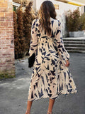 Printed V-Neck Long Sleeve Midi Dress - Trendsi - Flyclothing LLC