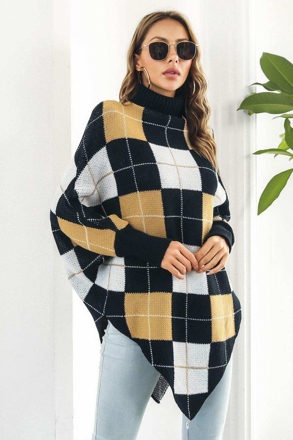 Plaid Turtleneck Dolman Sleeve Poncho - Trendsi - Flyclothing LLC