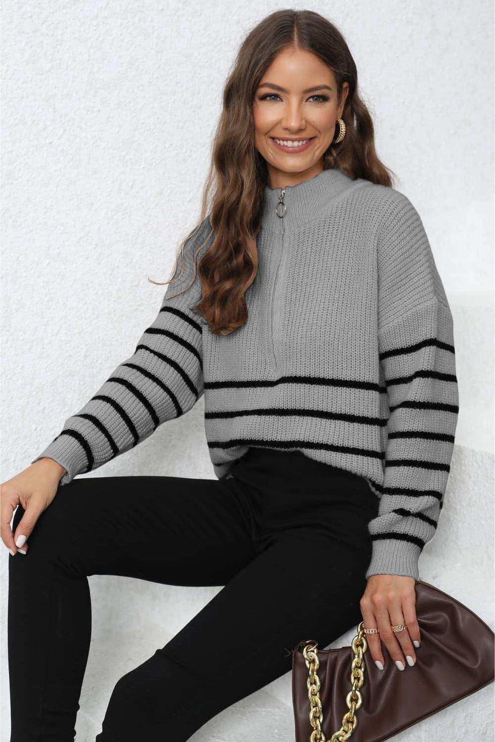 Mock Neck Long Sleeve Zip-Up Sweater - Trendsi - Flyclothing LLC