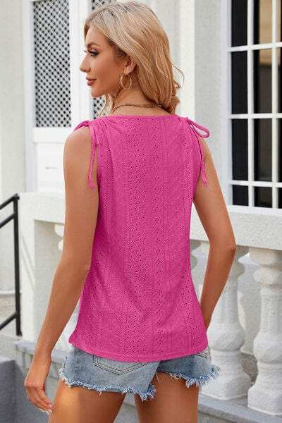 Eyelet Round Neck Wide Strap Tank - Trendsi - Flyclothing LLC