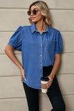 Puff Sleeve Collared Denim Top - Trendsi - Flyclothing LLC