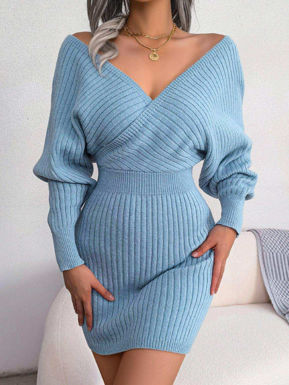 Rib-Knit Dolman Sleeve Sweater Dress - Trendsi - Flyclothing LLC