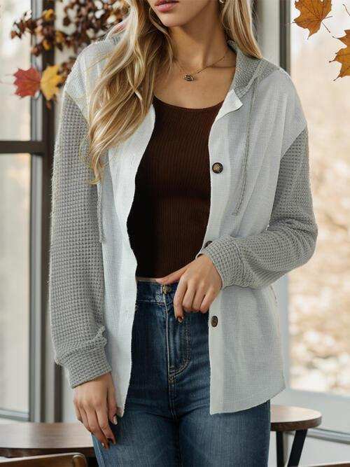 Contrast Button Up Drawstring Hooded Shirt - Trendsi - Flyclothing LLC