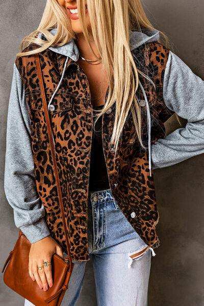 Leopard Distressed Drawstring Hooded Denim Jacket - Trendsi - Flyclothing LLC