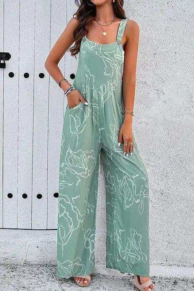 Printed Wide Strap Jumpsuit with Pockets - Trendsi - Flyclothing LLC