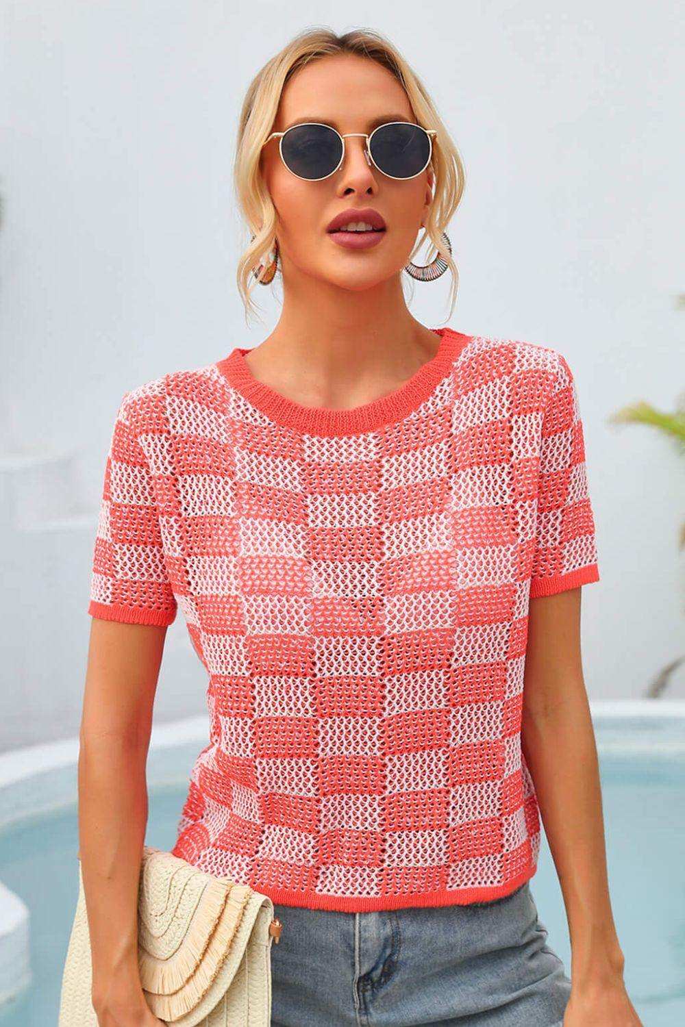 Checkered Short Sleeve Knit Top - Trendsi - Flyclothing LLC